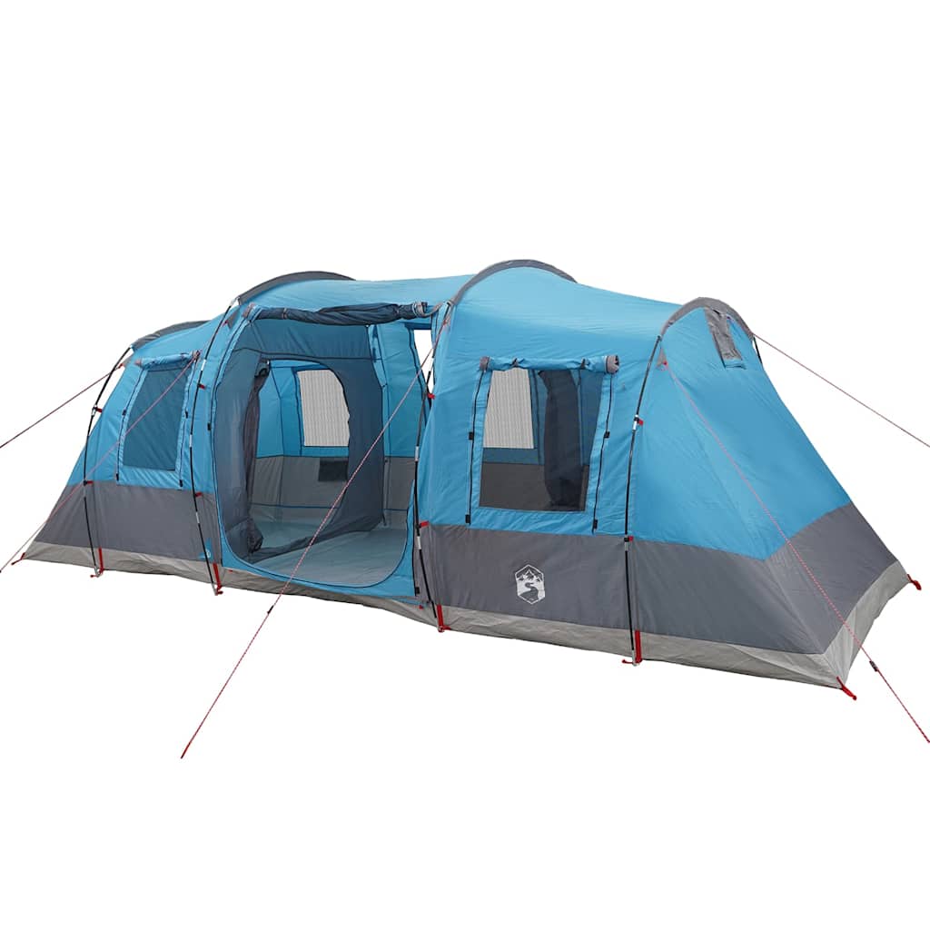 Zijaanzicht van de vidaXL 6-persoons tunneltent in blauw met ruime indeling en ventilatieroosters.