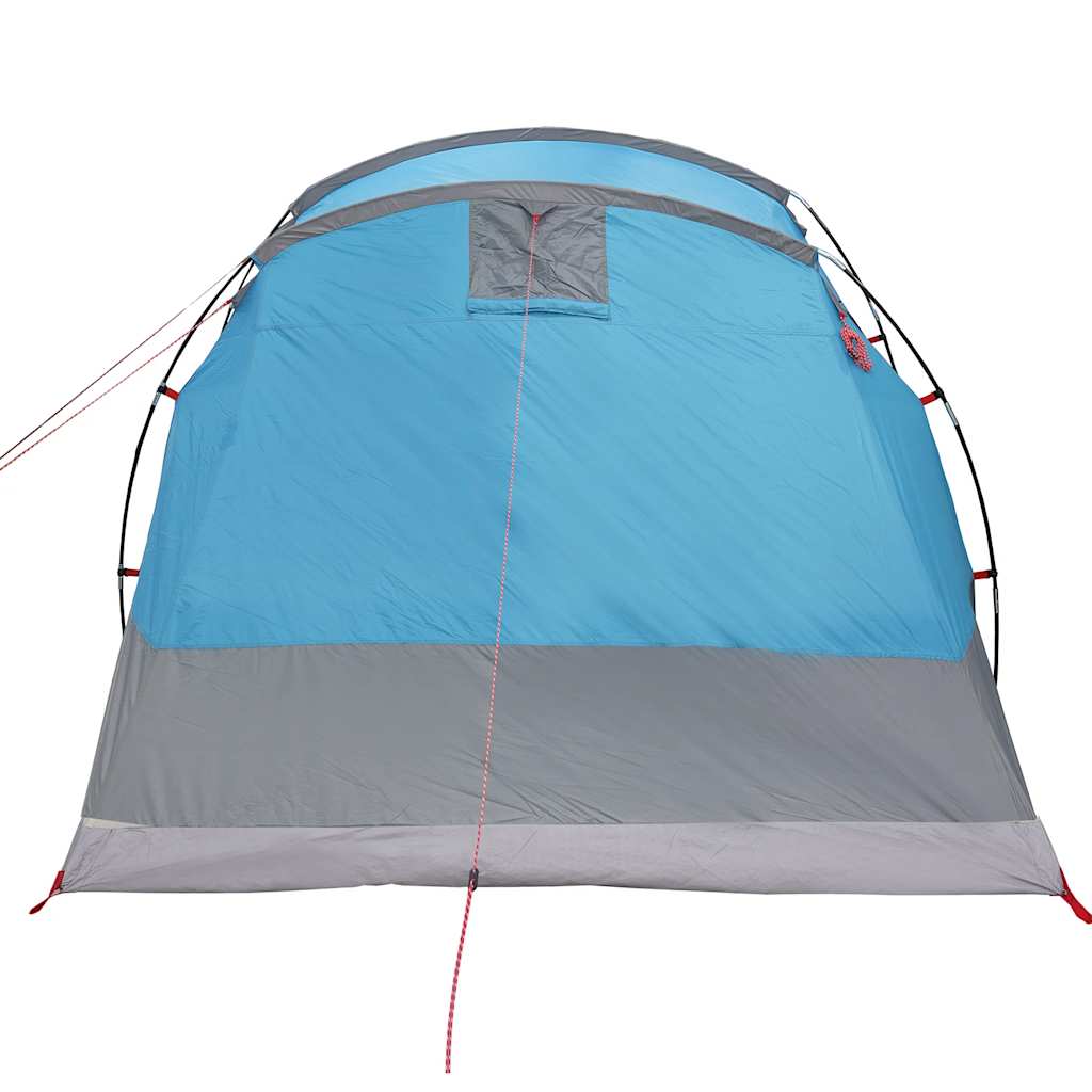 Detail van de blauwe vidaXL tunneltent met waterdichte voorkant en ventilatierooster.
