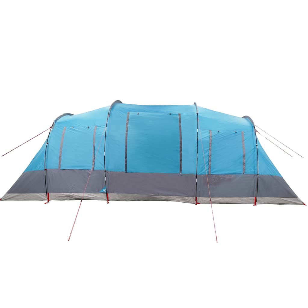 Zijaanzicht van de vidaXL tunneltent in blauw met grijze accenten en ingangen.