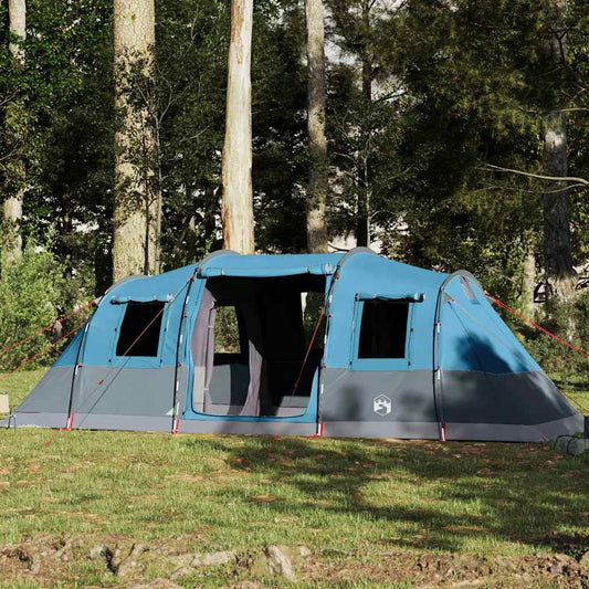 Blauwe vidaXL tunneltent voor 6 personen, volledig waterdicht en ruim opgezet in de natuur.