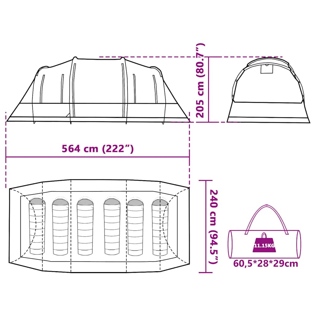 Detailweergave van de afmetingen en opbergtas van de vidaXL 6-persoons tunneltent.