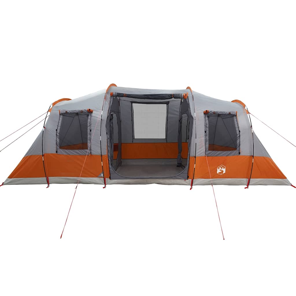Zijaanzicht van de vidaXL tunneltent, grijs met oranje accenten en open ingang.