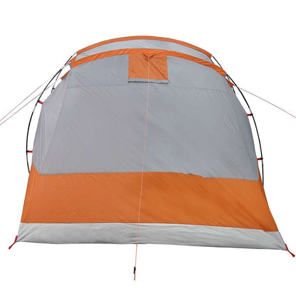 Detail van de grijze vidaXL tunneltent met oranje accenten en ventilatierooster.