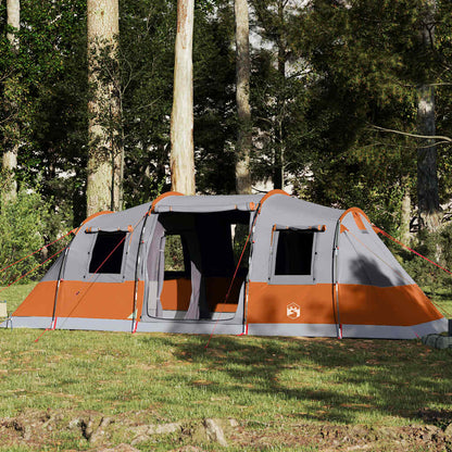 VidaXL tunneltent voor 6 personen in grijs en oranje, opgesteld in een bosrijke omgeving.