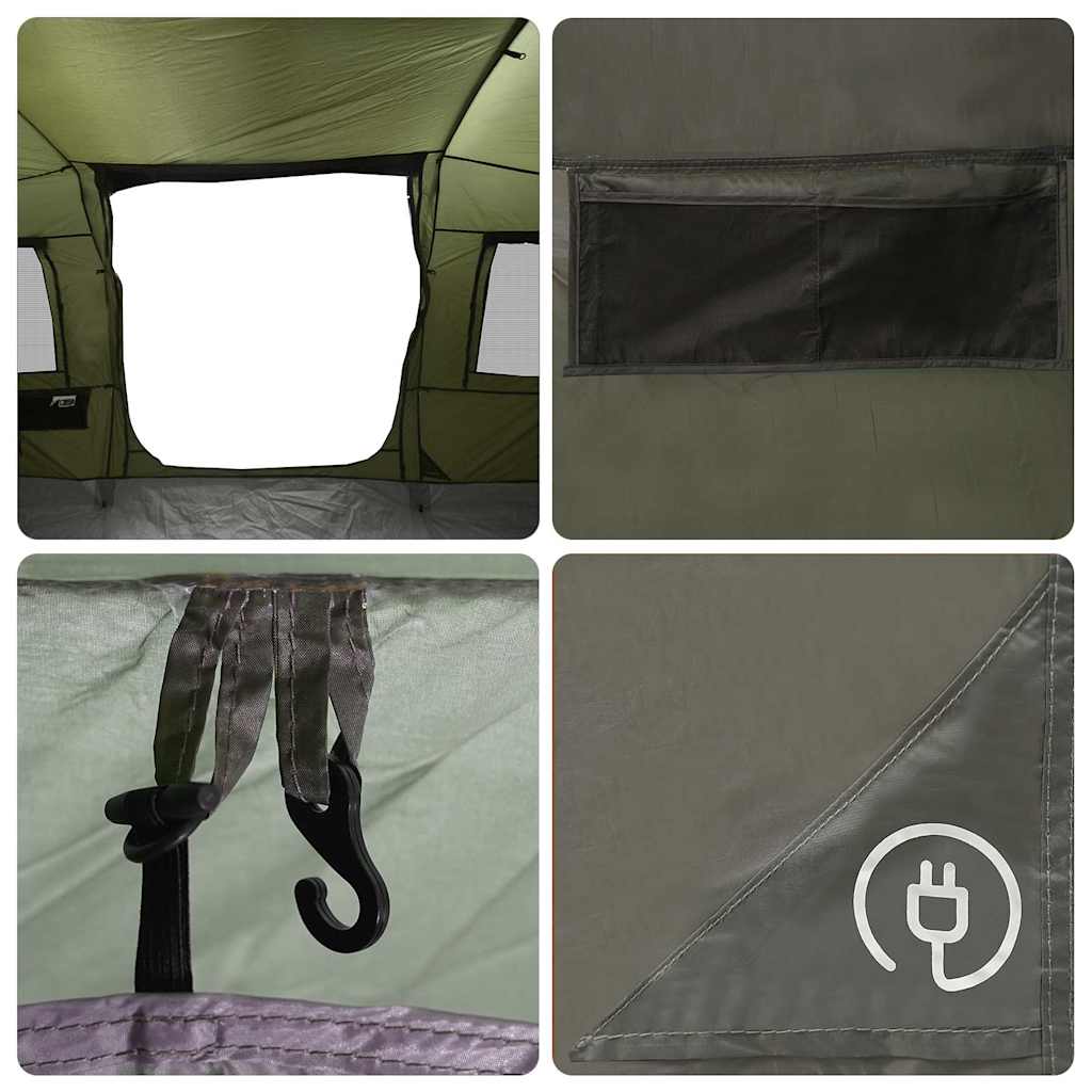 Detail van de binnenkant van de vidaXL tunneltent met opbergvak en haken voor verlichting.