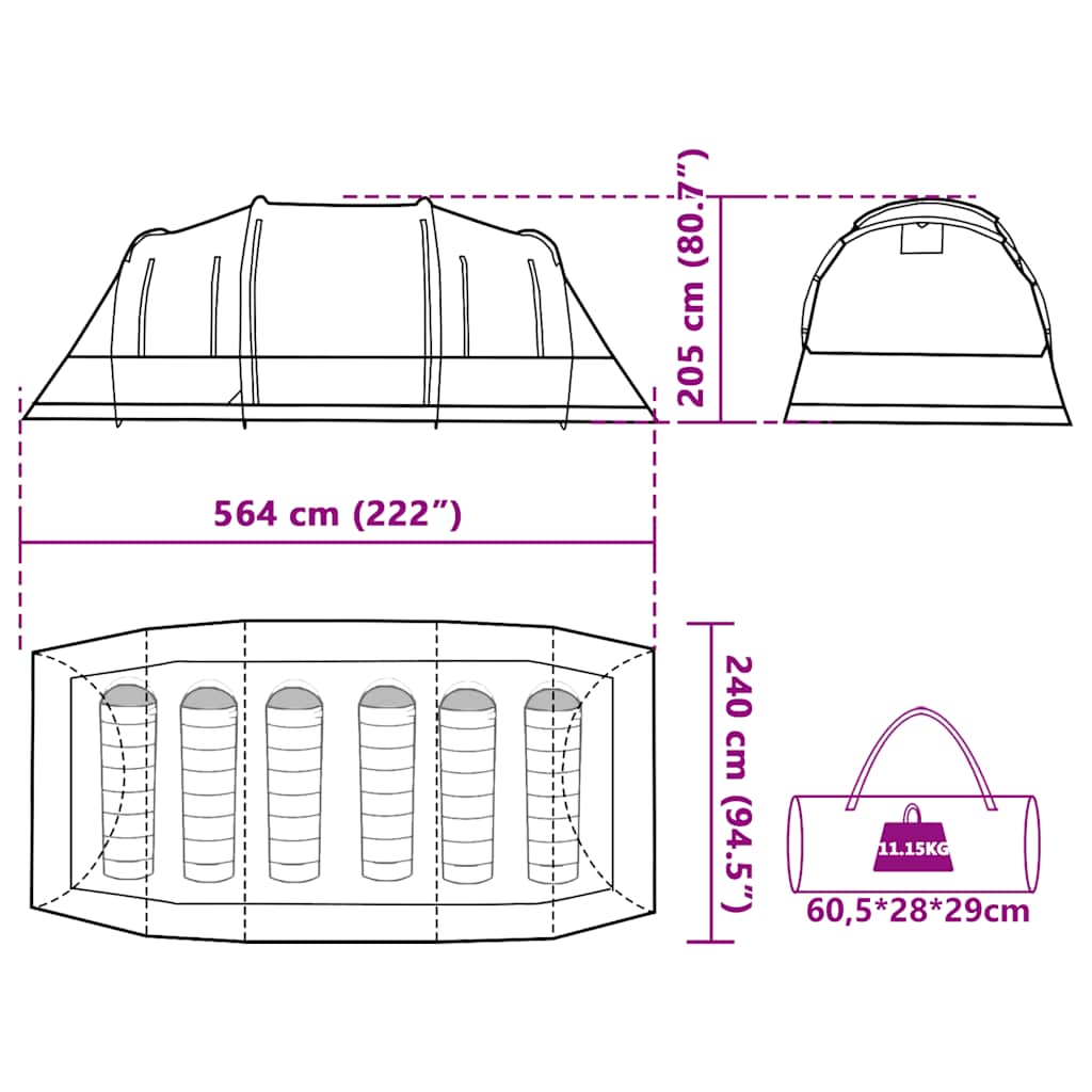Technische tekening van de vidaXL 6-persoons tunneltent met afmetingen en details.