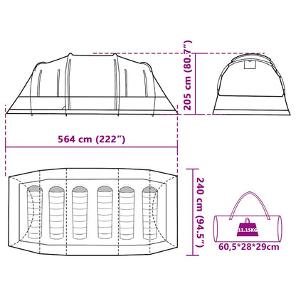 Technische tekening van de vidaXL 6-persoons tunneltent met afmetingen en details.