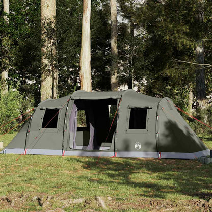 Olijfgroene vidaXL tunneltent voor 6 personen, waterdicht en ruim opgesteld in de natuur.