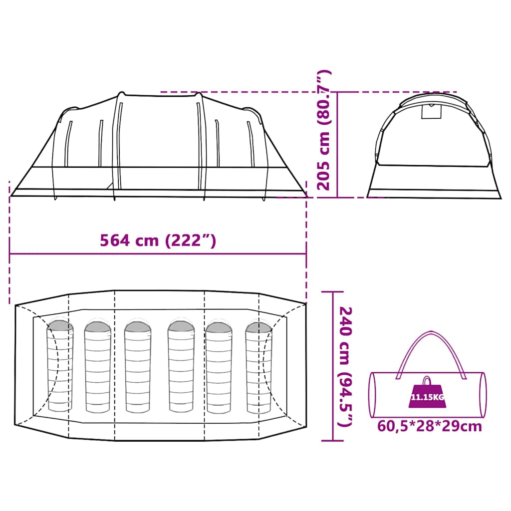 Detailtekening van de vidaXL 6-persoons tunneltent met afmetingen en ontwerpdetails.