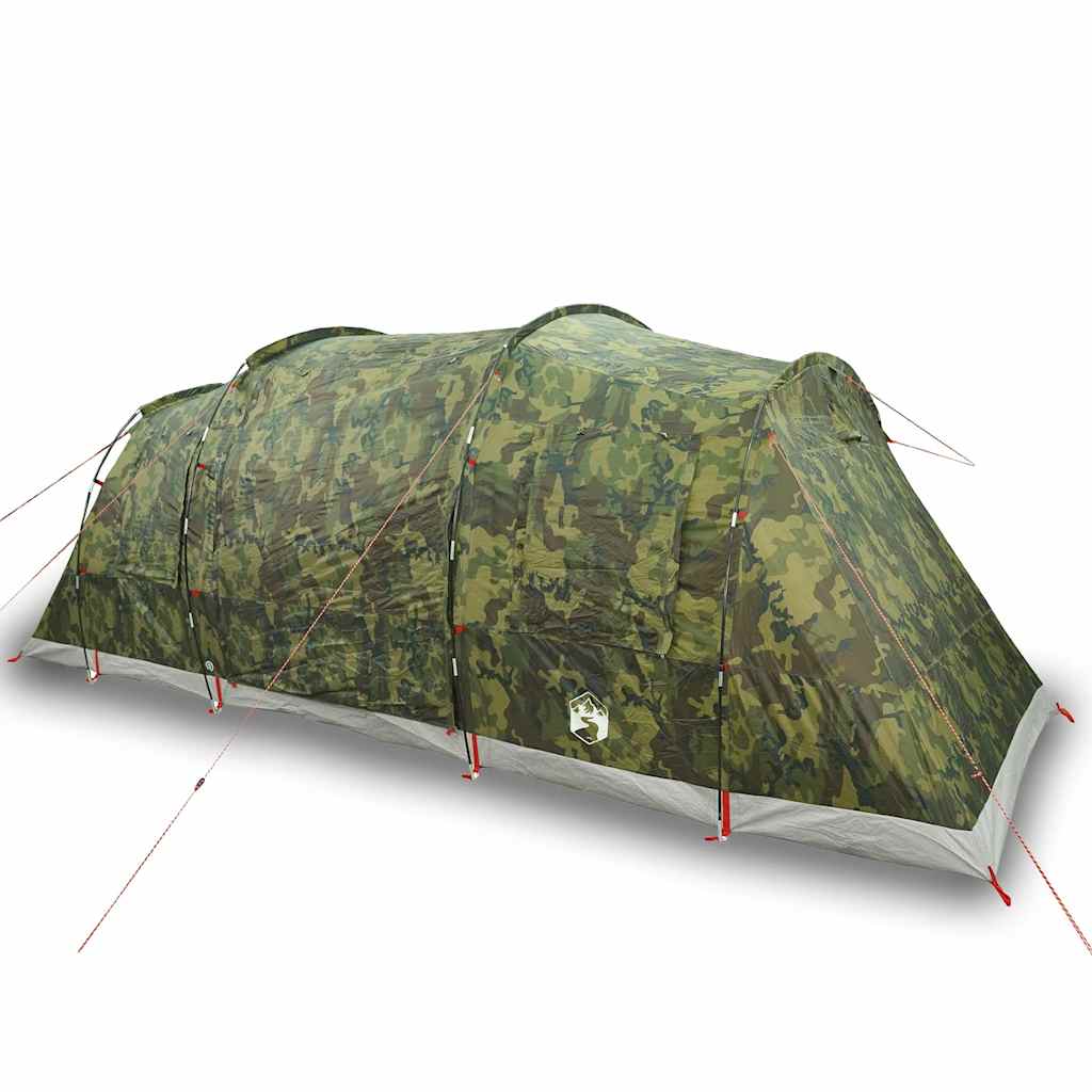 Zijaanzicht van de vidaXL 6-persoons camouflage tunneltent met waterdichte afwerking.