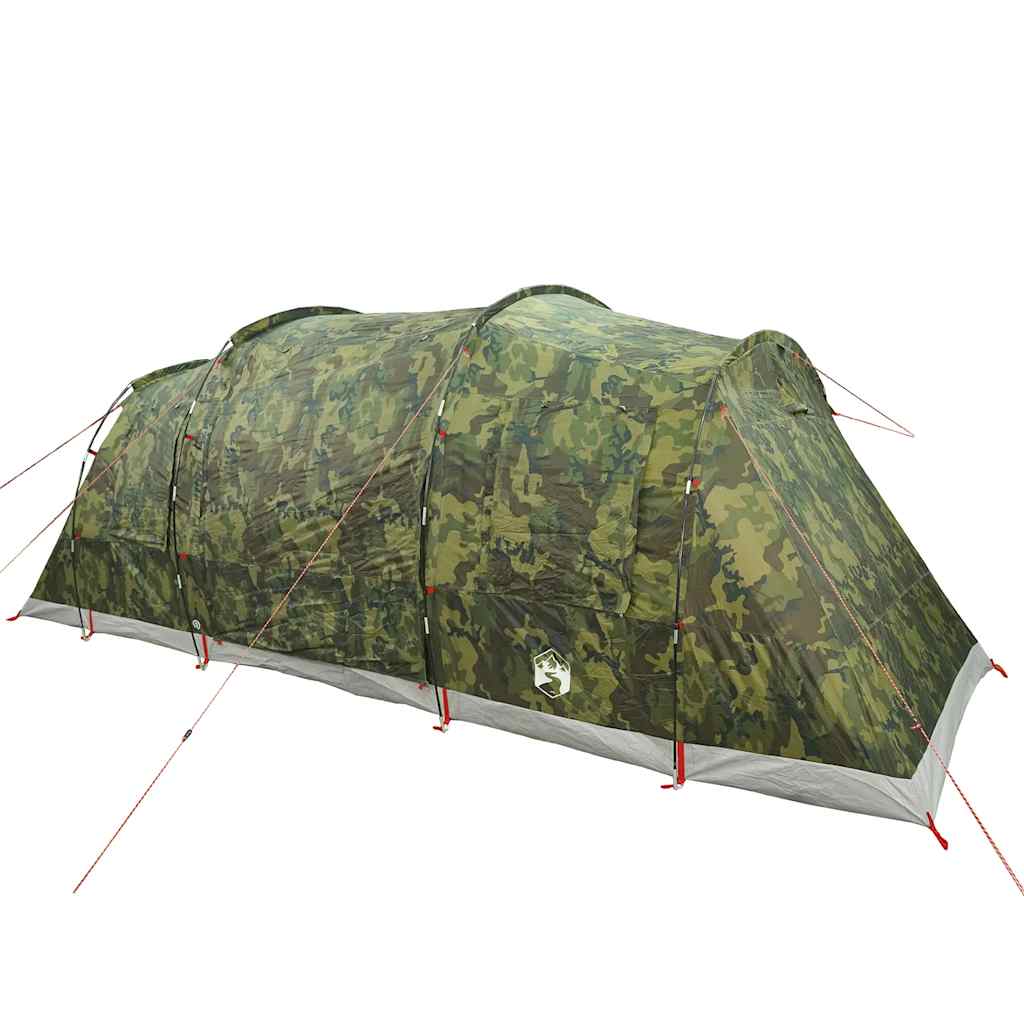 Zijaanzicht van de vidaXL 6-persoons camouflage tunneltent met waterdicht ontwerp.