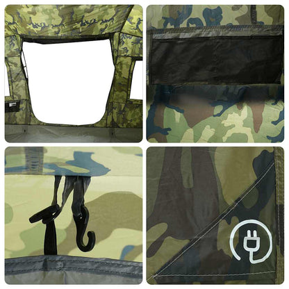 Detail van de camouflage binnenzijde van de vidaXL tunneltent met E-port en opbergvak.