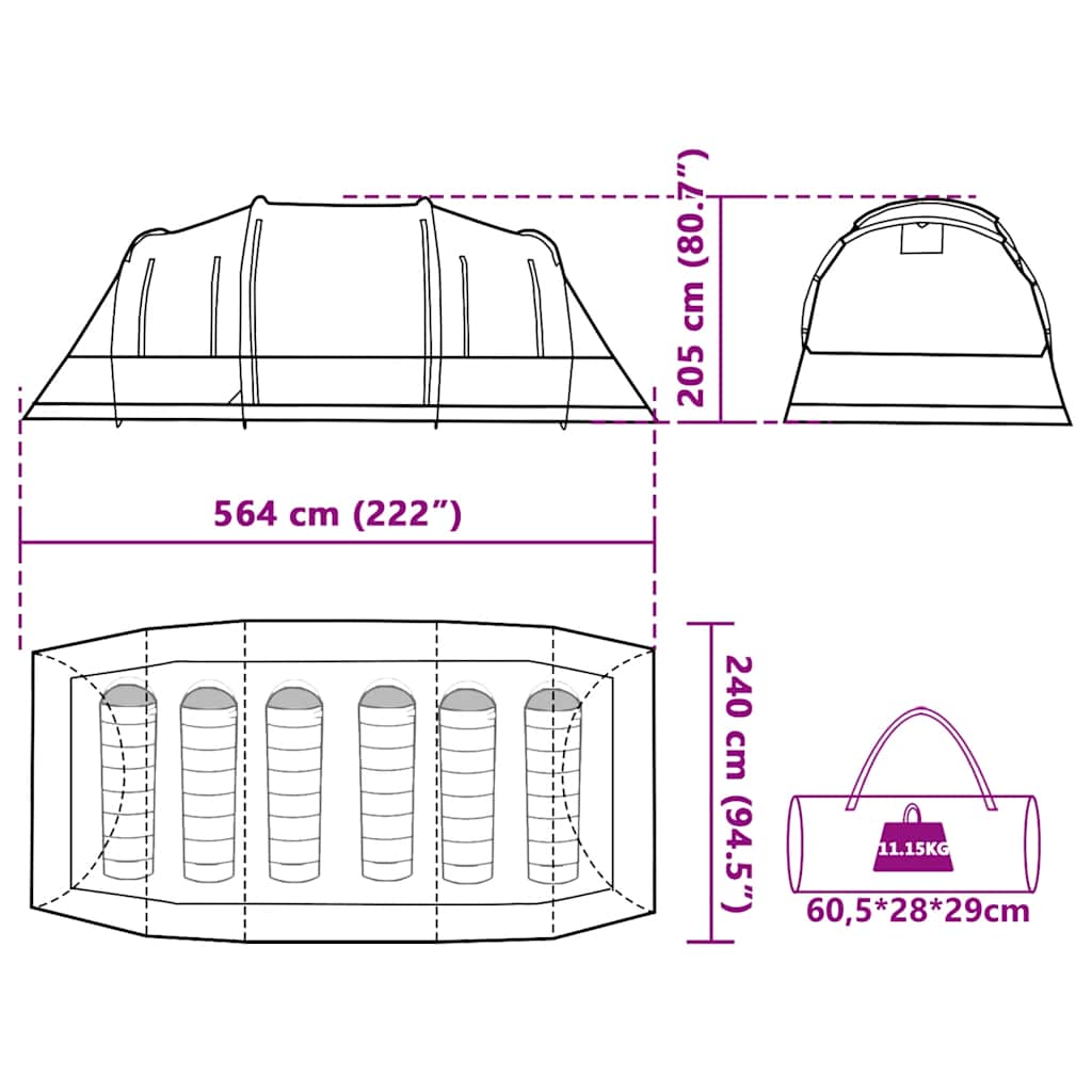 Detailtekening van de vidaXL 6-persoons tunneltent met afmetingen en opbergtas.