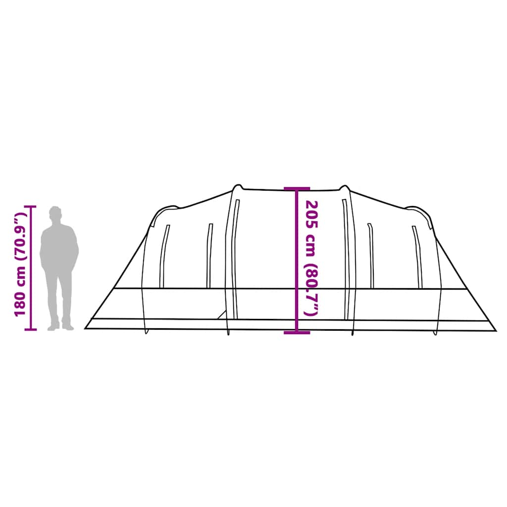 Zijaanzicht van de vidaXL 6-persoons tunneltent met afmetingen en hoogteindicatie.