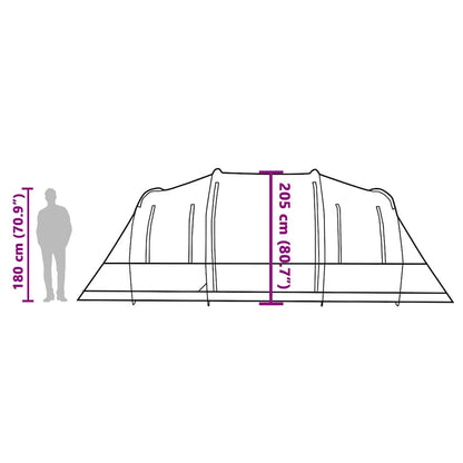 Zijaanzicht van de vidaXL 6-persoons tunneltent met afmetingen en hoogteindicatie.