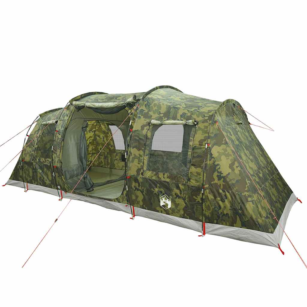 Zijaanzicht van de vidaXL 6-persoons camouflage tunneltent met grote ramen.