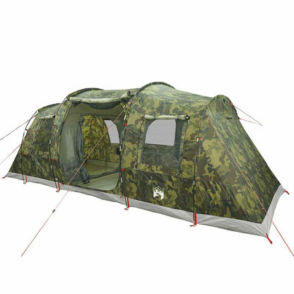 Zijaanzicht van de vidaXL 6-persoons camouflage tunneltent met grote ramen.