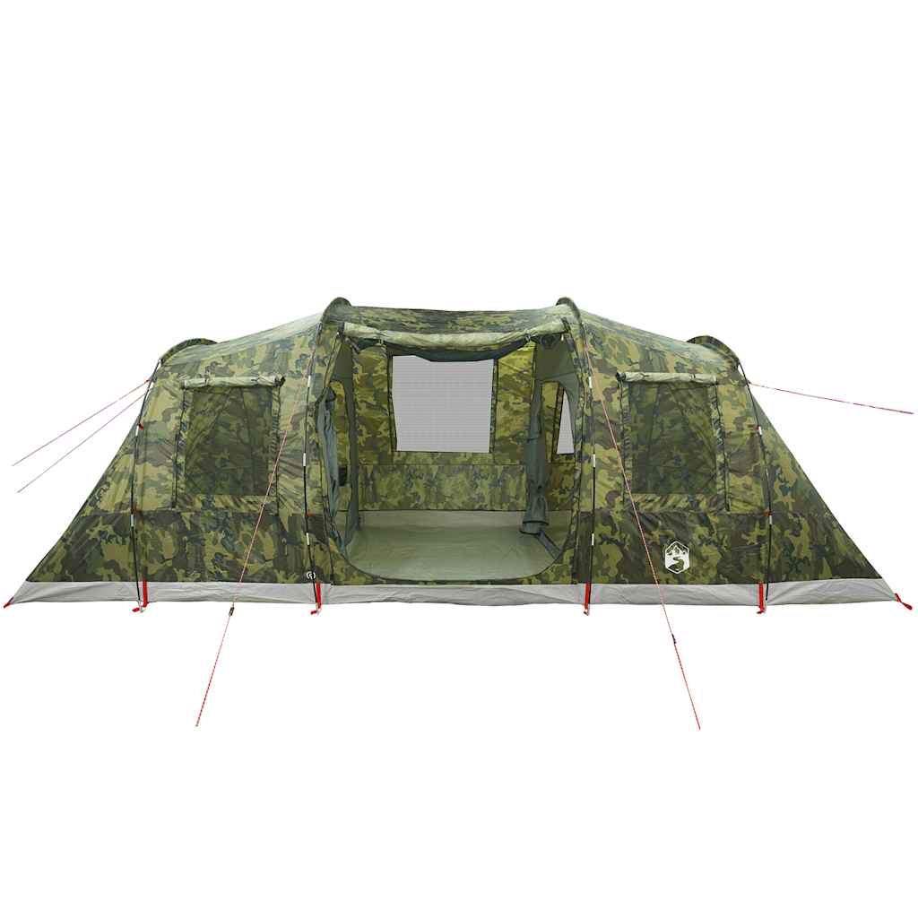 Zijaanzicht van de vidaXL 6-persoons camouflage tunneltent met open ingangen.