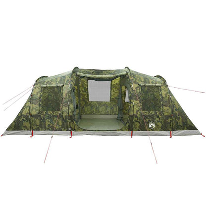 Zijaanzicht van de vidaXL 6-persoons camouflage tunneltent met open ingangen.
