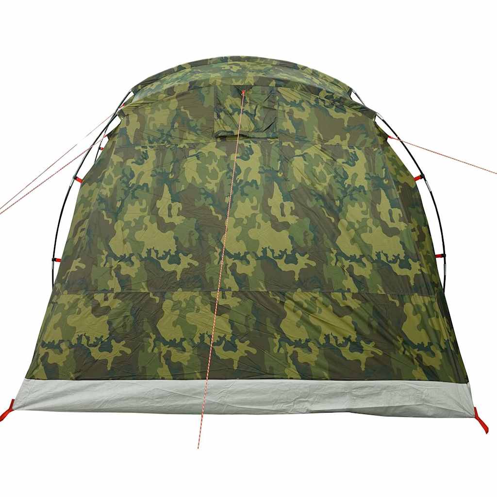 Zijaanzicht van de vidaXL 6-persoons camouflage tunneltent met waterdichte bovenkant.