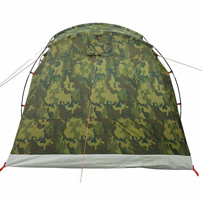 Zijaanzicht van de vidaXL 6-persoons camouflage tunneltent met waterdichte bovenkant.