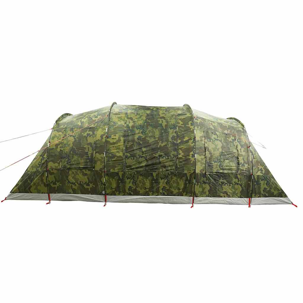 Zijaanzicht van de vidaXL 6-persoons camouflage tunneltent met ventilatieroosters.