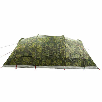 Zijaanzicht van de vidaXL 6-persoons camouflage tunneltent met ventilatieroosters.