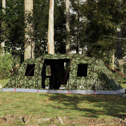Tunneltent vidaXL 6-persoons in camouflage, volledig waterdicht en geschikt voor buitengebruik.