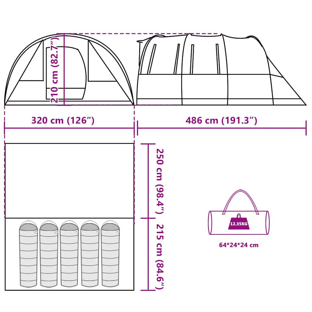 Detailweergave van de afmetingen en draagtas van de vidaXL 5-persoons tunneltent.