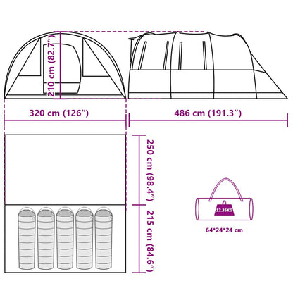 Detailweergave van de afmetingen en draagtas van de vidaXL 5-persoons tunneltent.