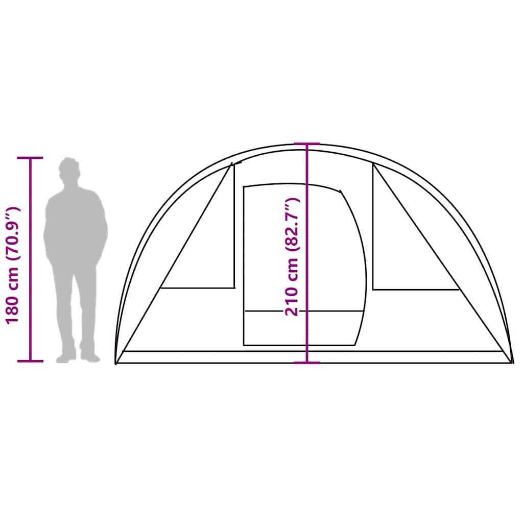 Zijaanzicht van de vidaXL tunneltent met afmetingen en ingang.
