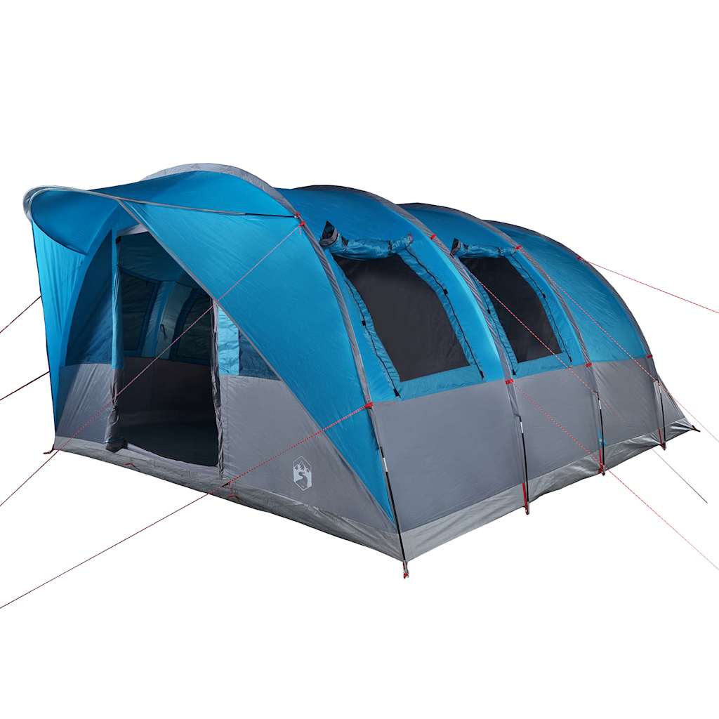 Detail van de vidaXL tunneltent in blauw met grijze accenten en openingen voor ventilatie.