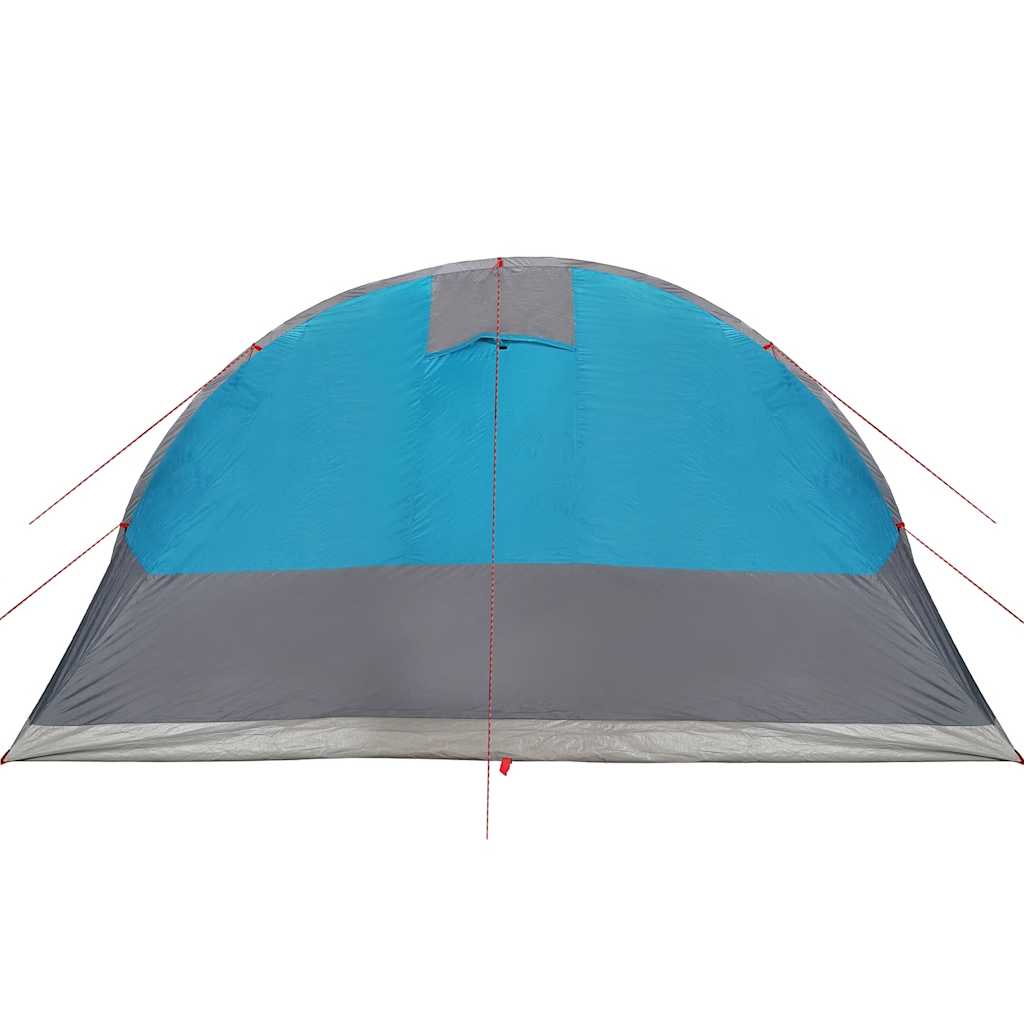 Detail van de vidaXL tunneltent in blauw en grijs, zijaanzicht met ventilatierooster.