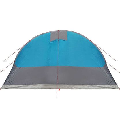 Detail van de vidaXL tunneltent in blauw en grijs, zijaanzicht met ventilatierooster.