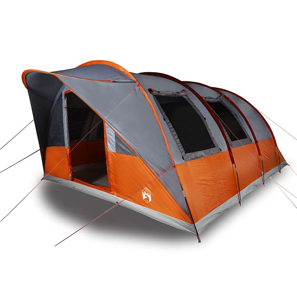 Detail van de vidaXL tunneltent in grijs en oranje, zijaanzicht met open ingang.