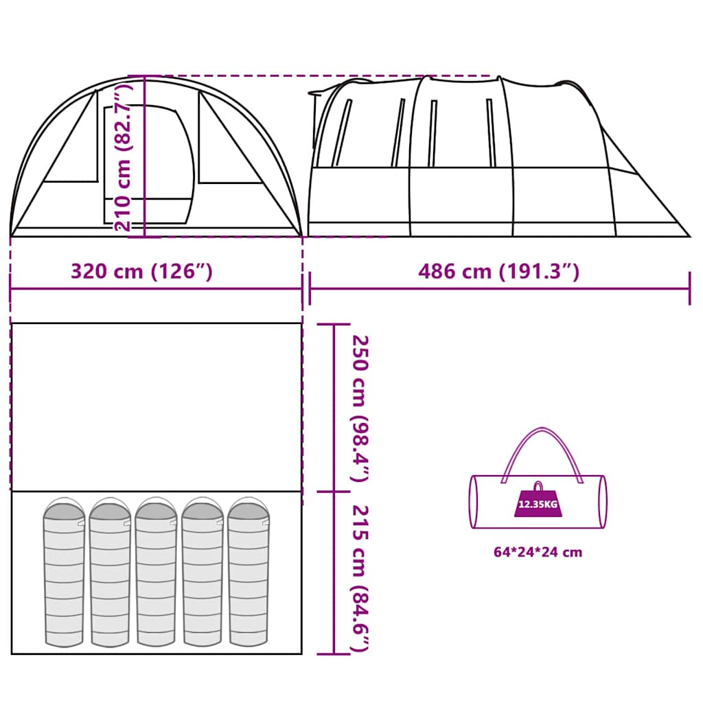 Technische tekening van de vidaXL 5-persoons tunneltent met afmetingen en draagtas.