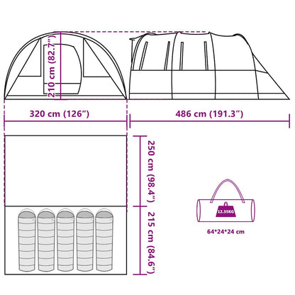 Technische tekening van de vidaXL 5-persoons tunneltent met afmetingen en draagtas.