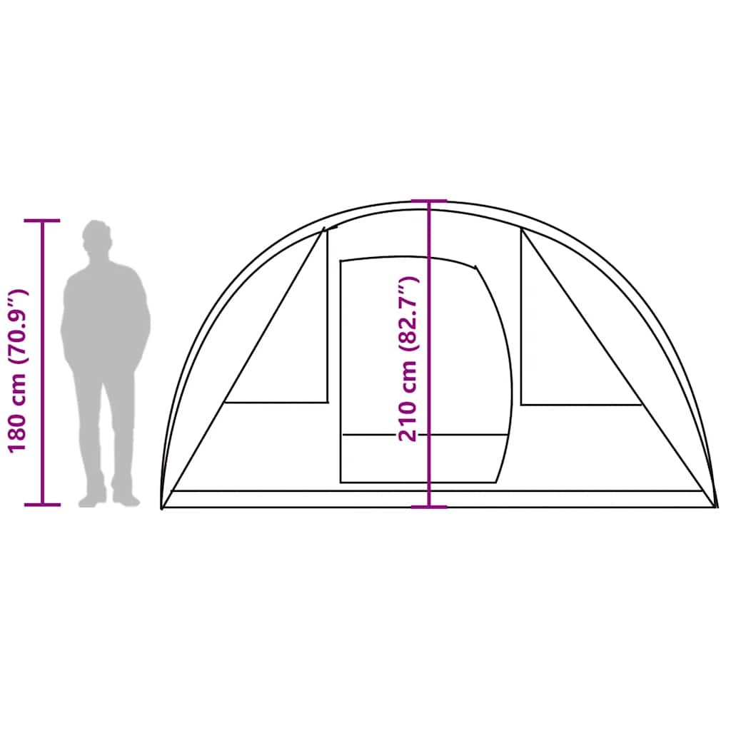 Zijaanzicht van de vidaXL tunneltent met afmetingen en in hoogte van een persoon weergegeven.