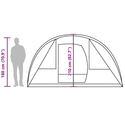 Zijaanzicht van de vidaXL tunneltent met afmetingen en in hoogte van een persoon weergegeven.
