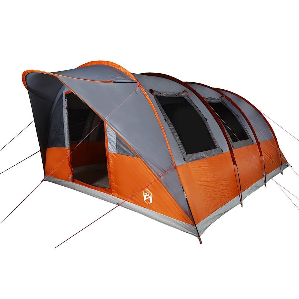 Detail van de vidaXL tunneltent in grijs en oranje, zijaanzicht met open ingang.