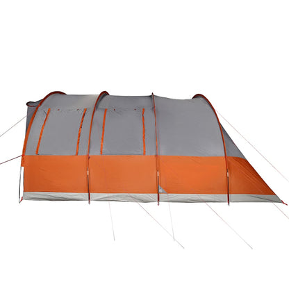 Zijaanzicht van de vidaXL tunneltent in grijs en oranje, met meerdere ventilatieopeningen.