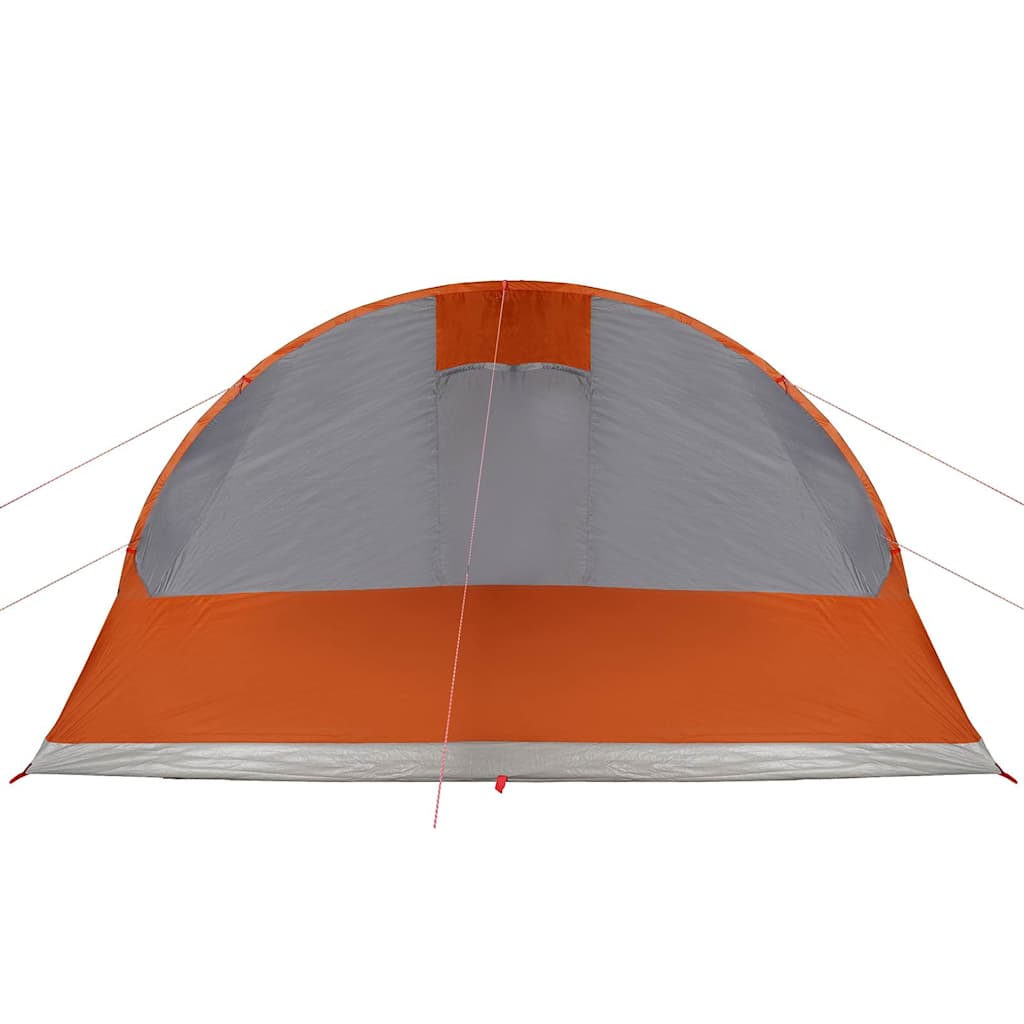 Detail van de grijze en oranje vidaXL tunneltent met een gebogen bovenkant.