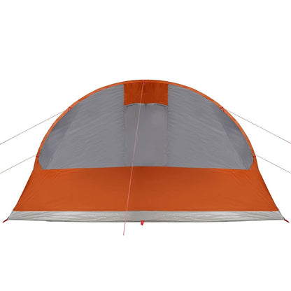 Detail van de grijze en oranje vidaXL tunneltent met een gebogen bovenkant.
