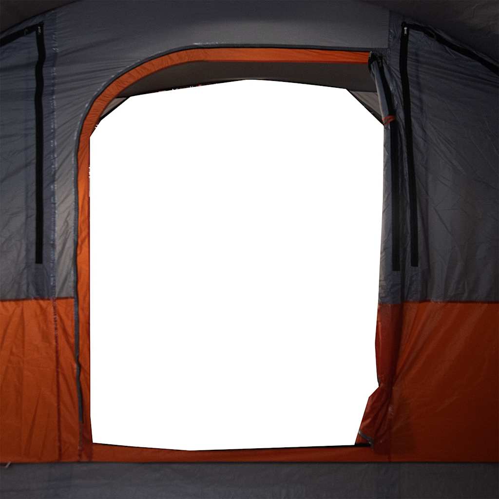 Detail van de open ingang van de vidaXL tunneltent in grijs en oranje.