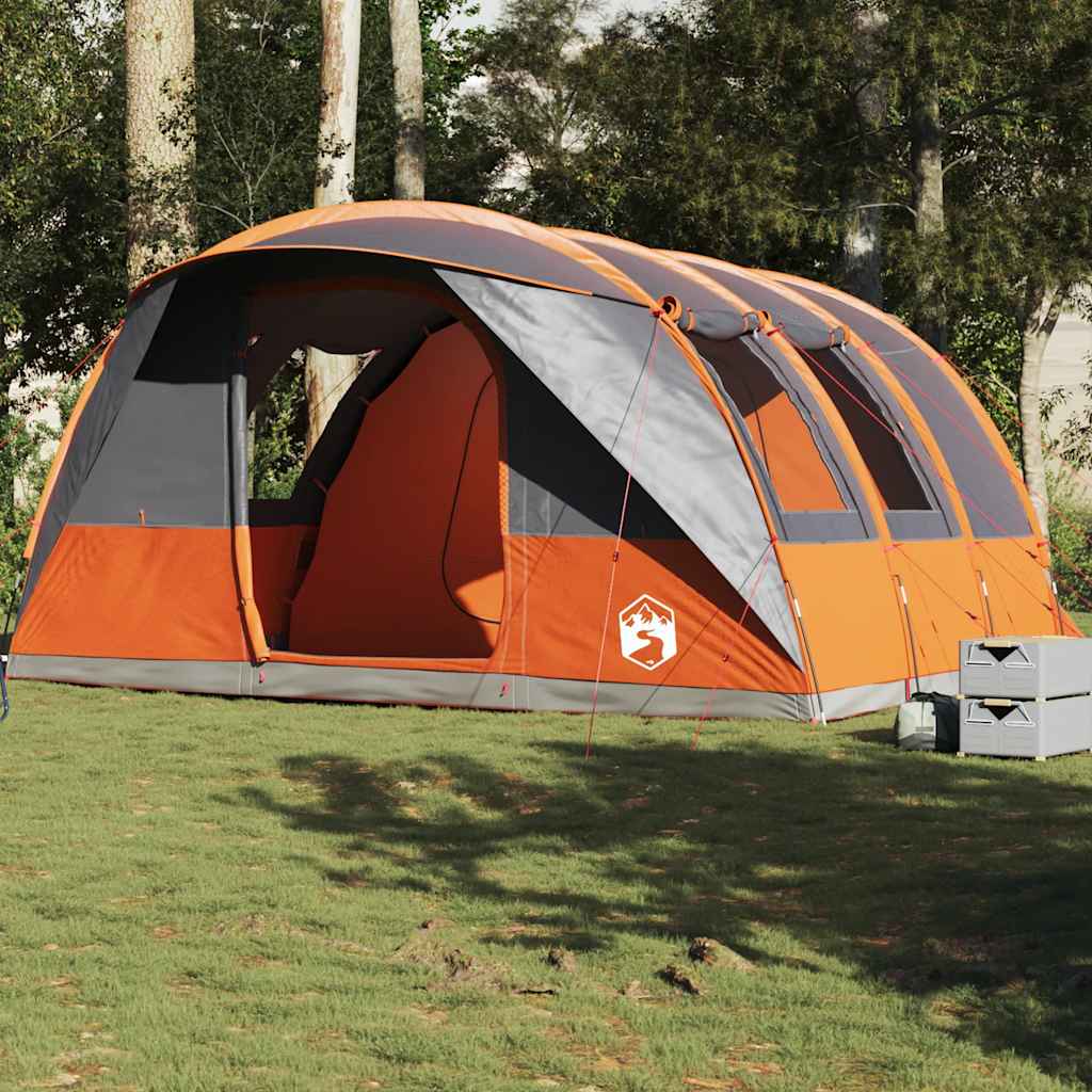 Grijze en oranje vidaXL tunneltent voor 5 personen, waterdicht en ruim opgezet in de natuur.