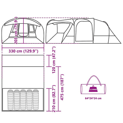 Detailweergave van de vidaXL tunneltent met afmetingen en opbergmogelijkheden.