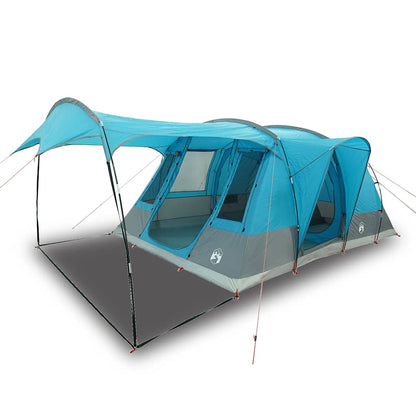 Zijaanzicht van de vidaXL 5-persoons tunneltent in blauw met luifel en ruime ingang.