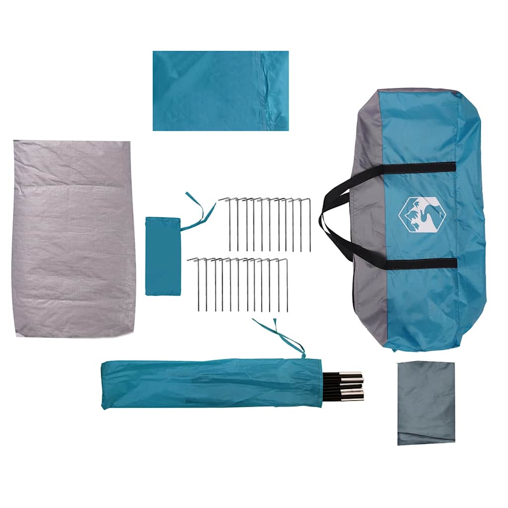 Detail van de vidaXL tunneltent met accessoires, inclusief haringen en tentstokken in blauwe en grijze kleuren.