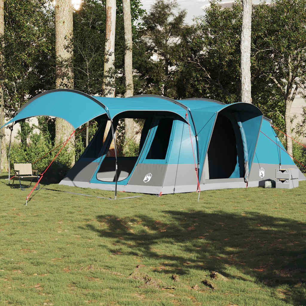 Zijaanzicht van de vidaXL 5-persoons tunneltent in blauw met luifel.