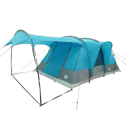 Zijaanzicht van de vidaXL 5-persoons tunneltent in waterdicht blauw met luifel.